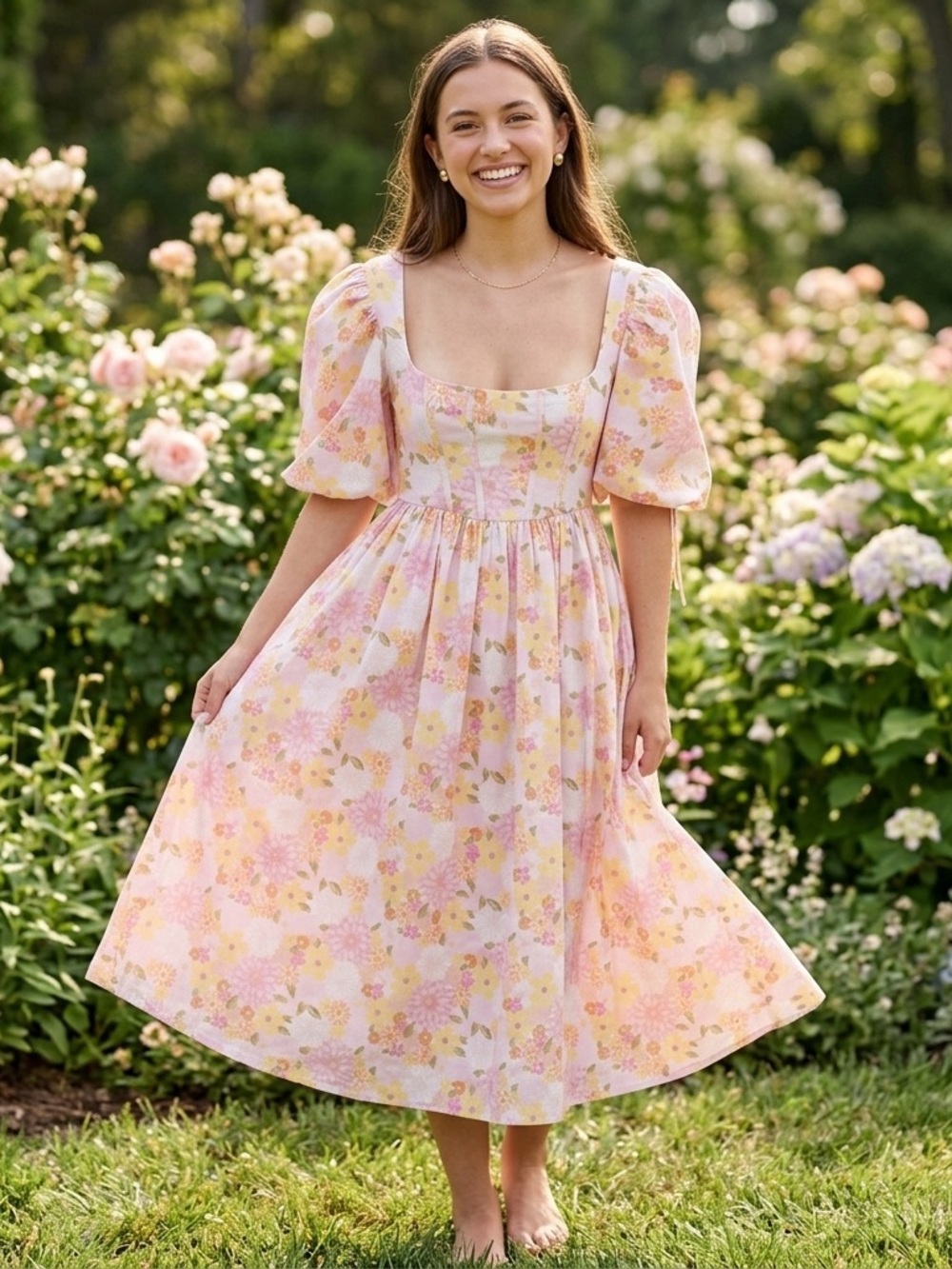 Love & Lemons Carrie Midi Dress Floral Corset Puff Sleeve Cottagecore coquette